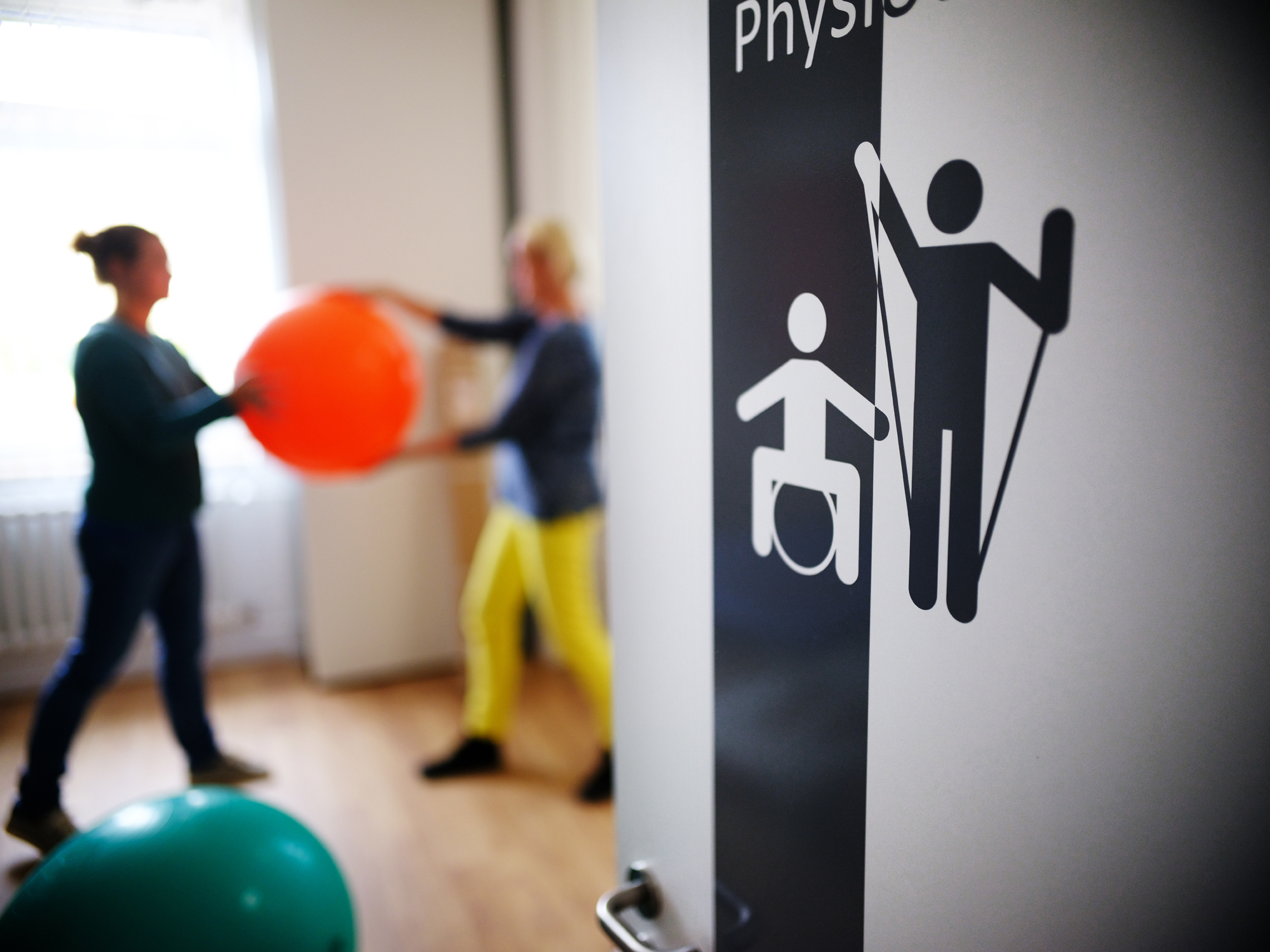 Physiotherapie eine Tür mit Icons steht offen und zeigt zwie Peronen mit einem organenem Ball in den Hände eine Übung machen